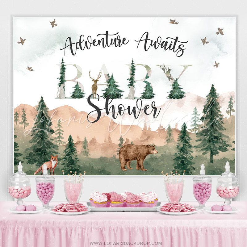 Lofaris Adventure Awaits Forest Montain Baby Shower Backdrop