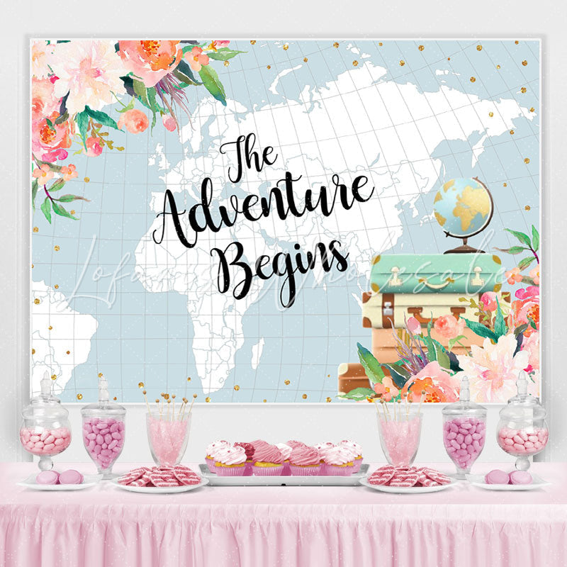 Lofaris Adventure with Flowers and Globe Baby Shower Backdrop