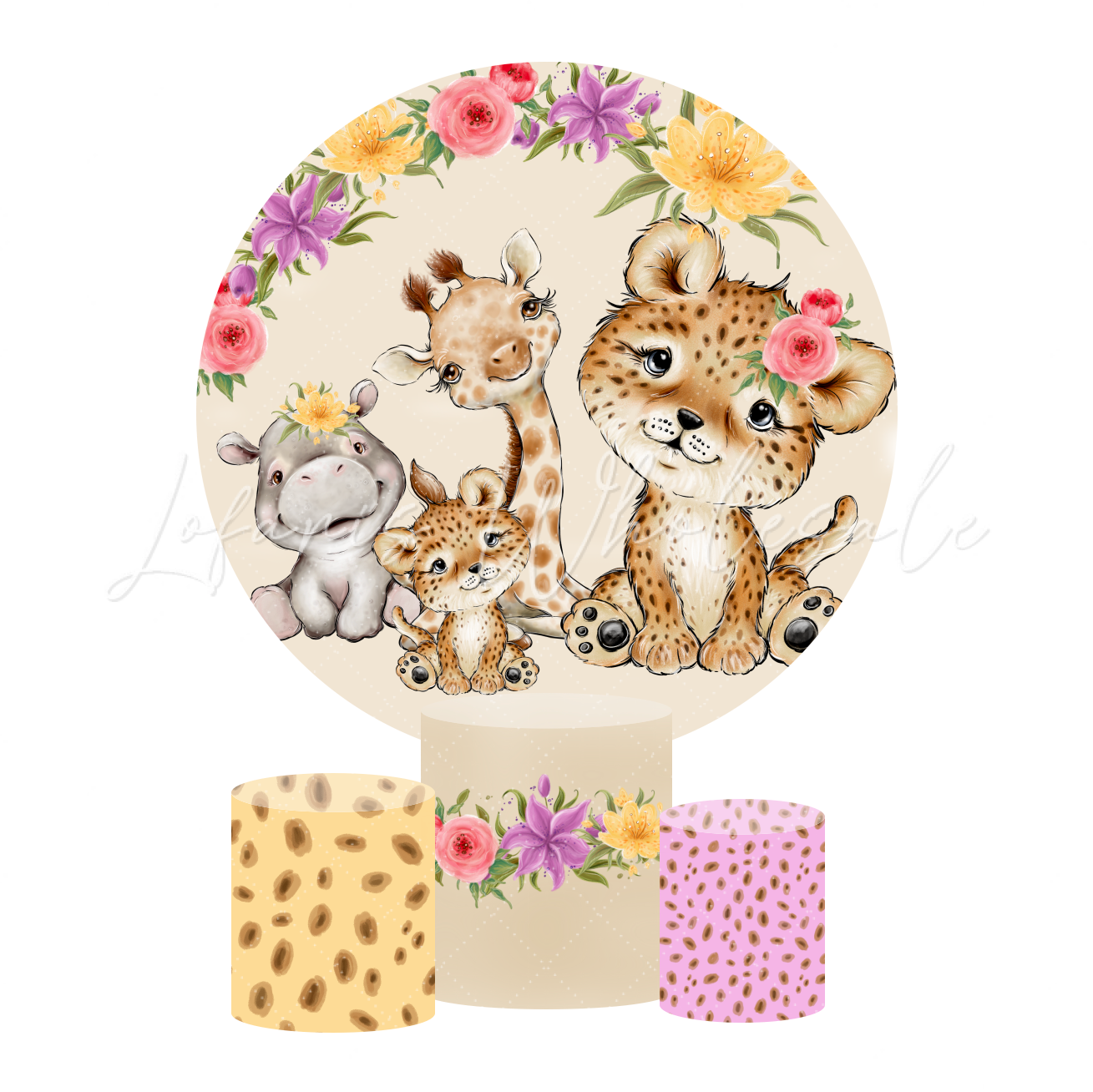 Africa Animal Safari Birthday Party Round Backdrop Cover Plinth Cylinder Pedestal Cover