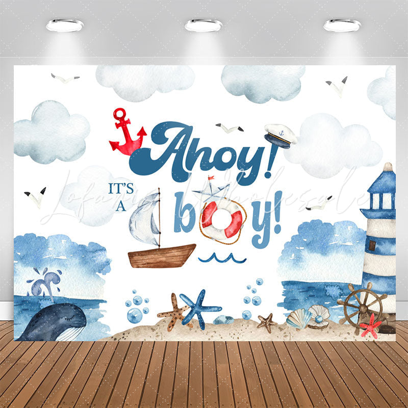 Lofaris Ahoy Boy Sailboat Lighthouse Baby Shower Backdrop