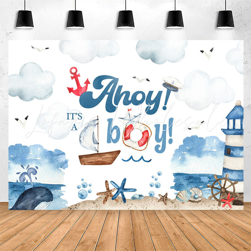 Lofaris Ahoy Boy Sailboat Lighthouse Baby Shower Backdrop