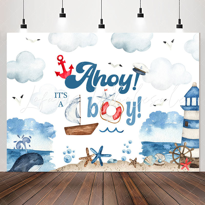 Lofaris Ahoy Boy Sailboat Lighthouse Baby Shower Backdrop
