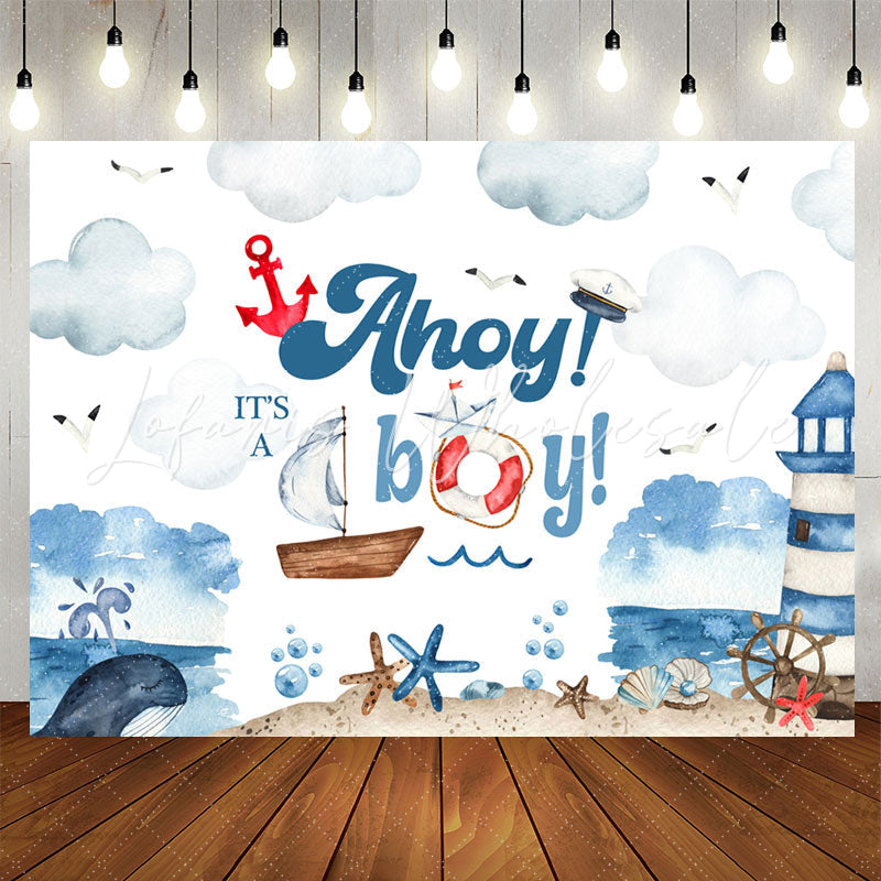Lofaris Ahoy Boy Sailboat Lighthouse Baby Shower Backdrop
