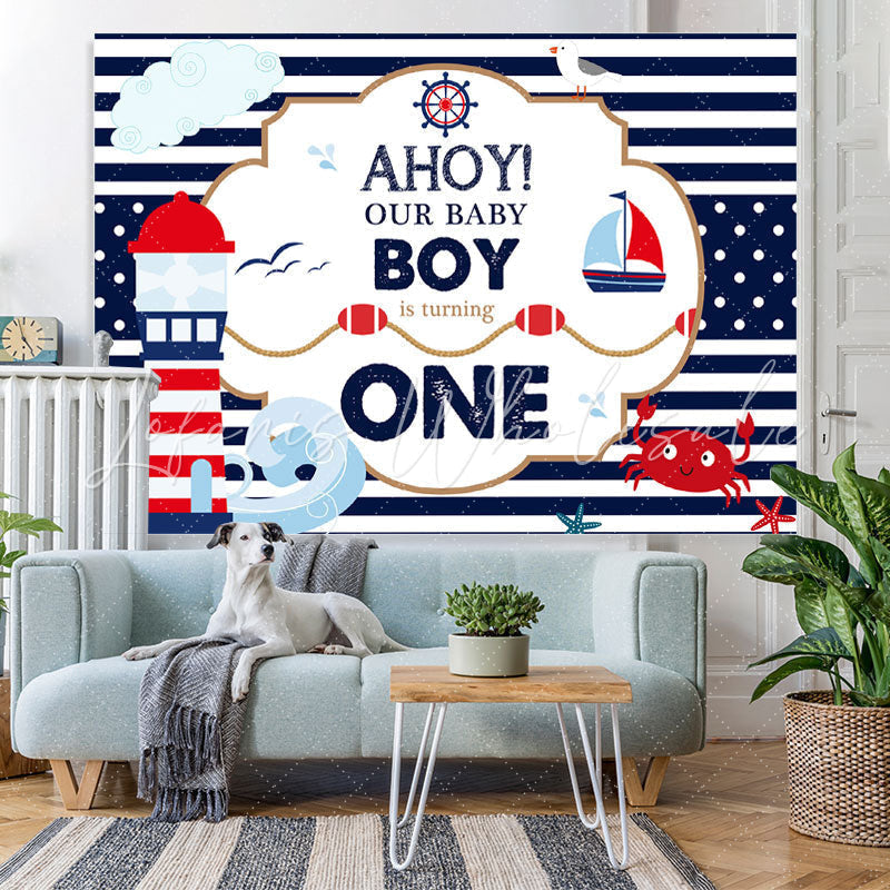 Lofaris AHOY First birthday backdrop with navy theme for boys