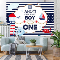 Lofaris AHOY First birthday backdrop with navy theme for boys