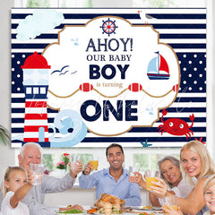 Lofaris AHOY First birthday backdrop with navy theme for boys