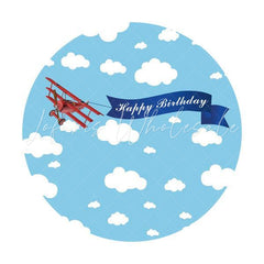 Lofaris Airplane And Blue Sky Round Happy Birthday Backdrop