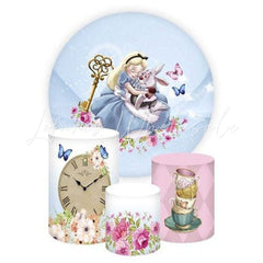 Alice in Wonderland Themed Round Backdrop and Cylinders Kit for Events