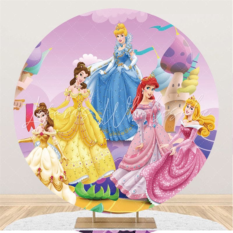 Lofaris All Princess Together Purple Round Birthday Backdrop