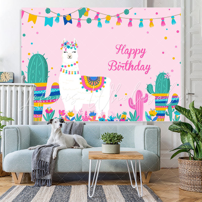 Lofaris Alpaca And Cactus Girls Pink Happy Birthday Backdrop