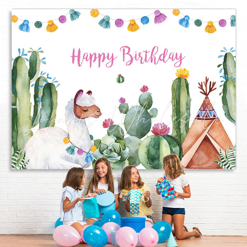 Lofaris Alpaca And Cactus Happy Birthday Backdrop For Baby