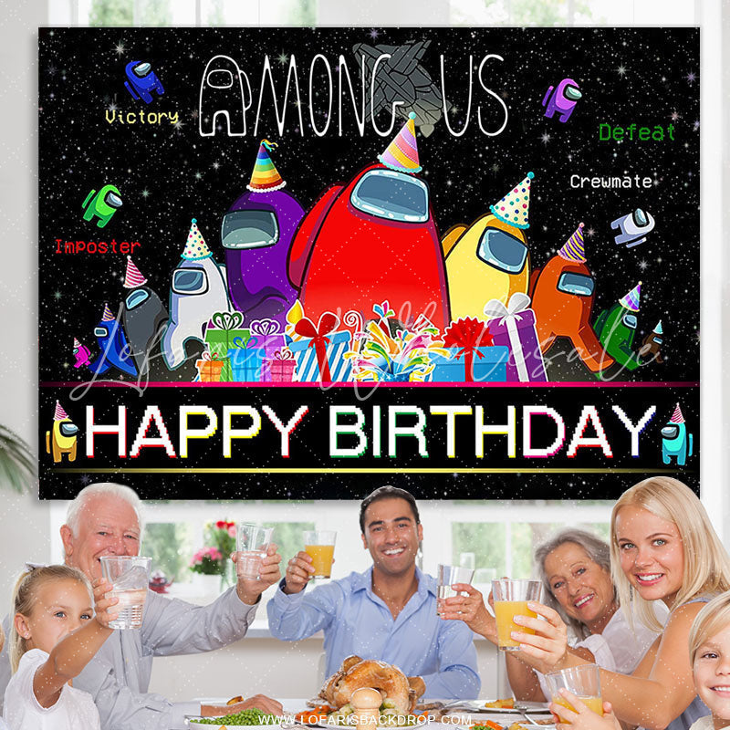 Lofaris Among Cartoon Characters With Gifts Birthday Backdrop