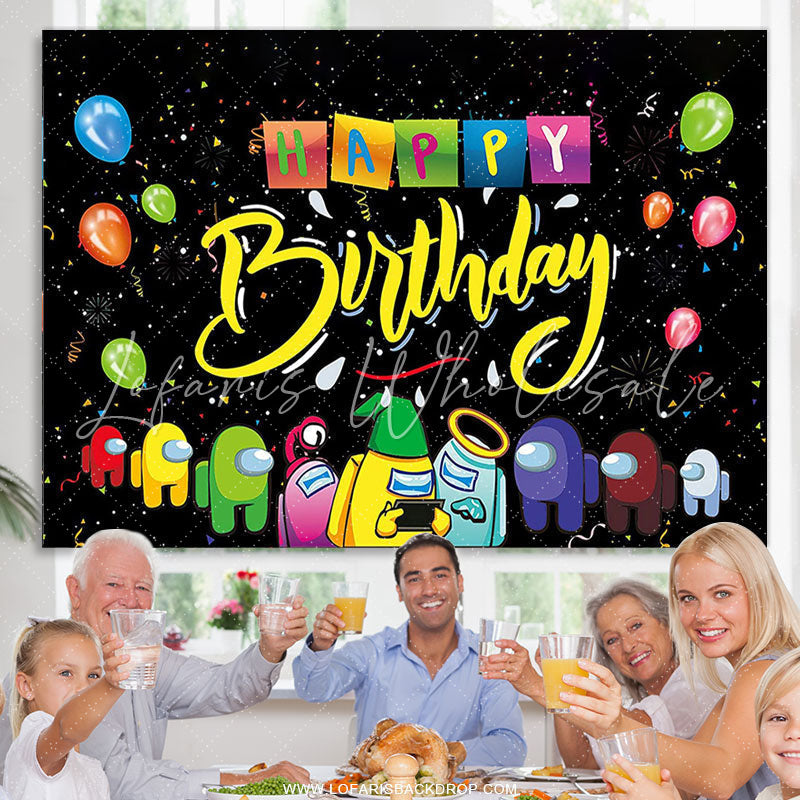 Lofaris Among Cartoon Cute With Balloon Happy Birthday Backdrop