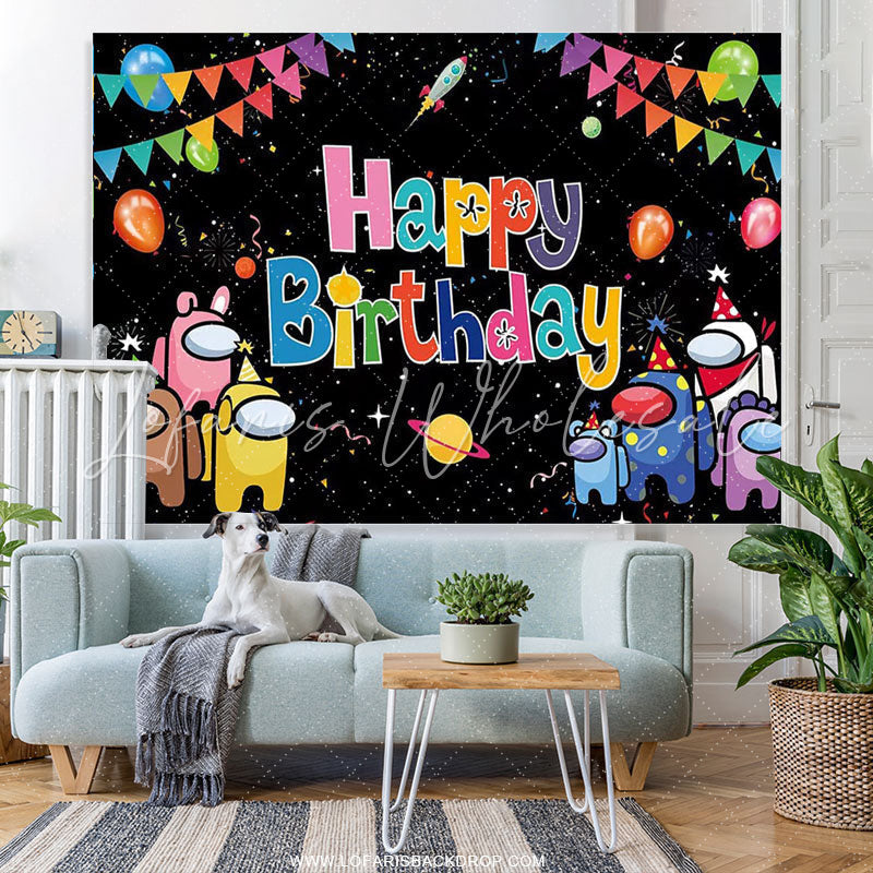 Lofaris Among Cartoon In Space Balloon Flag Birthday Backdrop
