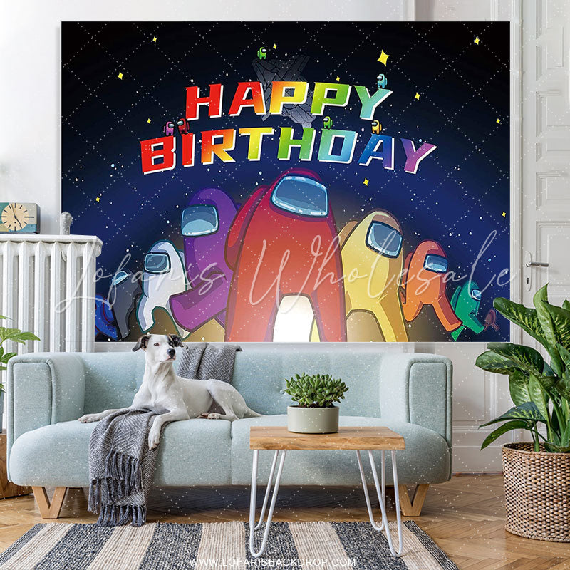 Lofaris Among Characters Stand On Space Happy Birthday Backdrop