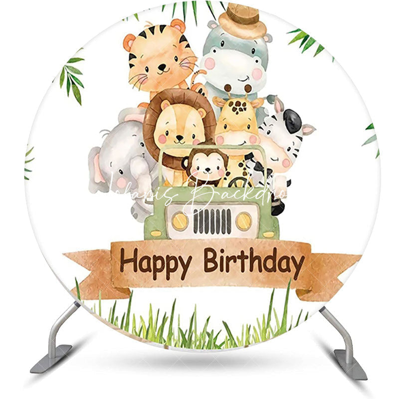 Lofaris Animals Car Safari Leaves Round Birthday Backdrop