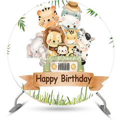 Lofaris Animals Car Safari Leaves Round Birthday Backdrop