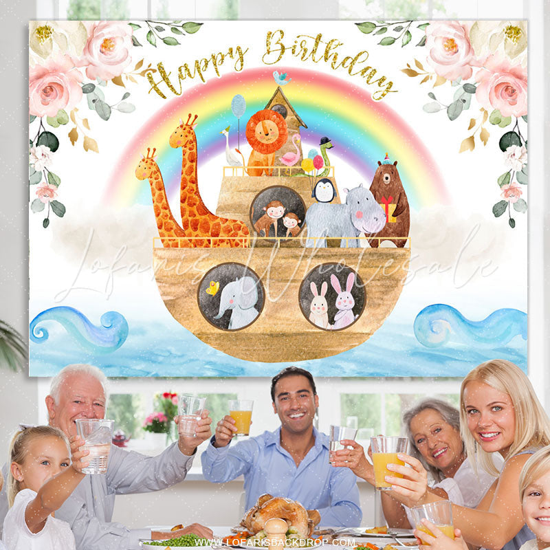 Lofaris Animals On The Boat Rainbow Happy Birthday Backdrop