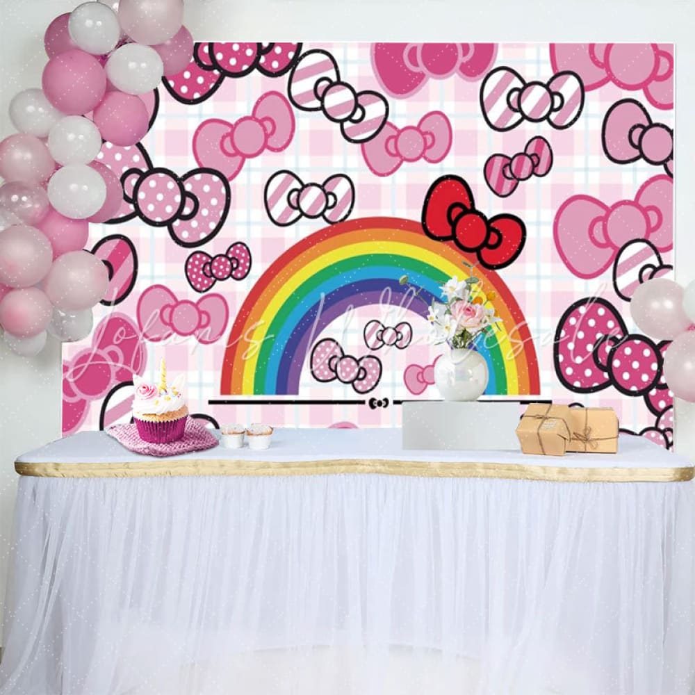 Anime Hello Cat Pink Bow Tie Birthday Backdrop For Girls