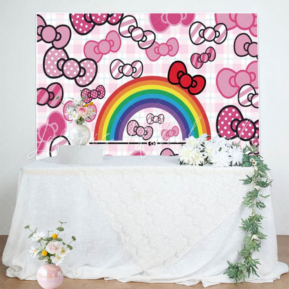 Anime Hello Cat Pink Bow Tie Birthday Backdrop For Girls