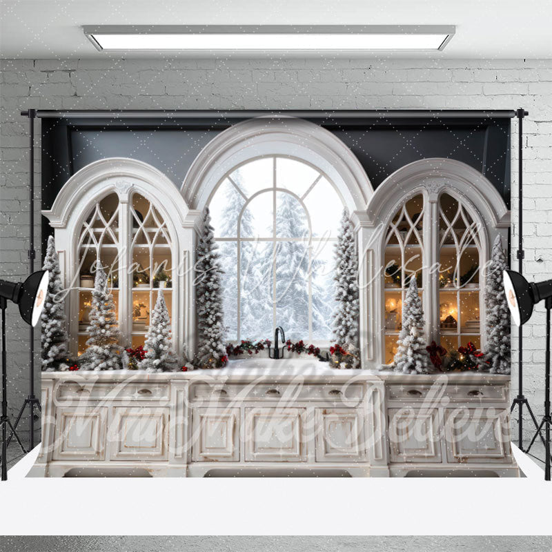 Lofaris Arch Windows Cabinet Snow Tree Christmas Backdrop