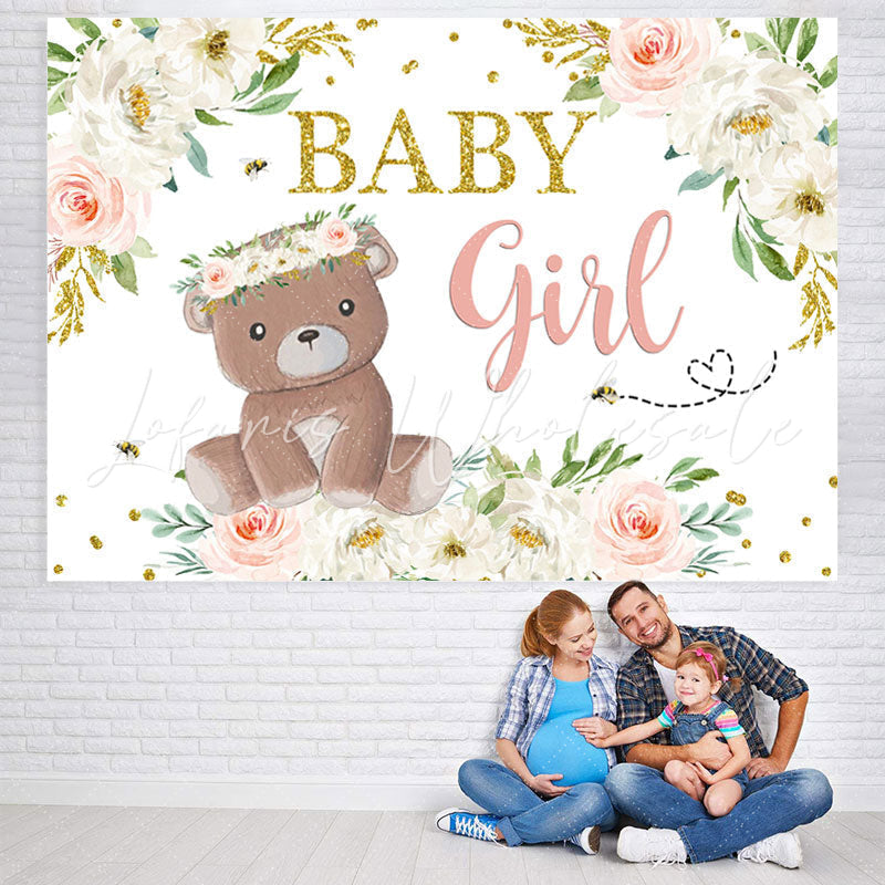 Lofaris Baby Girl Teddy Bear and Floral Shower Backdrop
