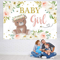 Lofaris Baby Girl Teddy Bear and Floral Shower Backdrop