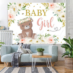 Lofaris Baby Girl Teddy Bear and Floral Shower Backdrop