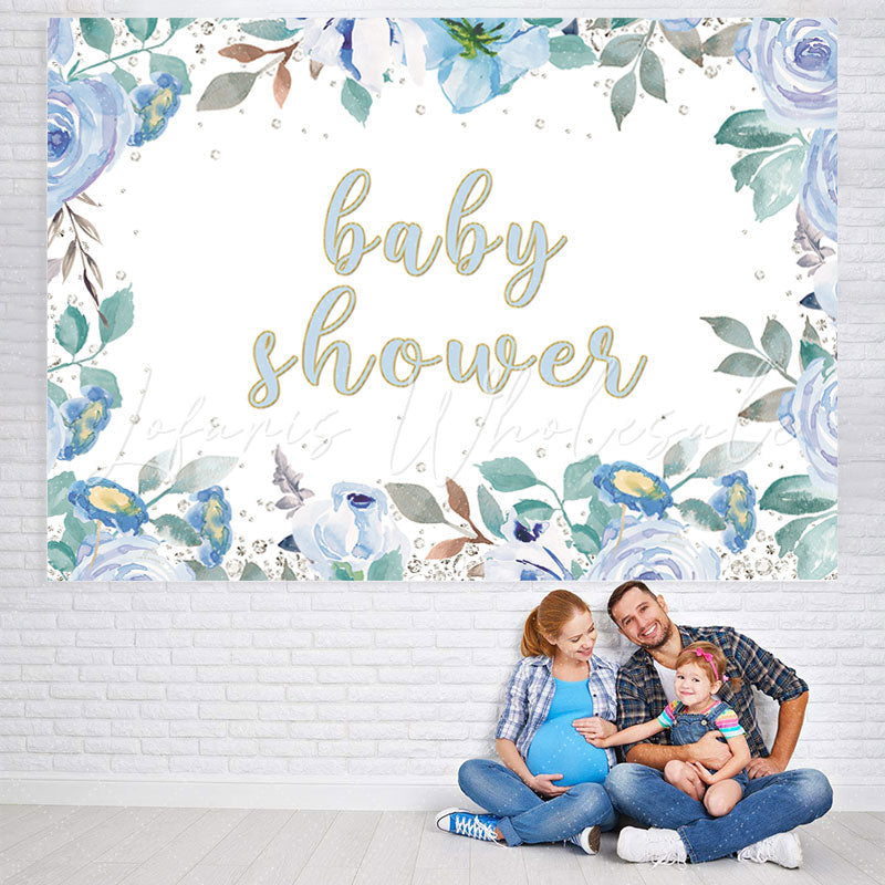 Lofaris Baby Shower Blue Floral Glitter Backdrop for Boy