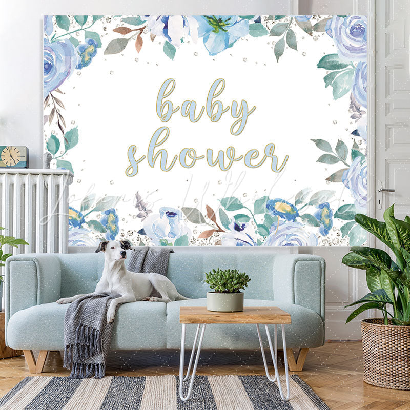 Lofaris Baby Shower Blue Floral Glitter Backdrop for Boy