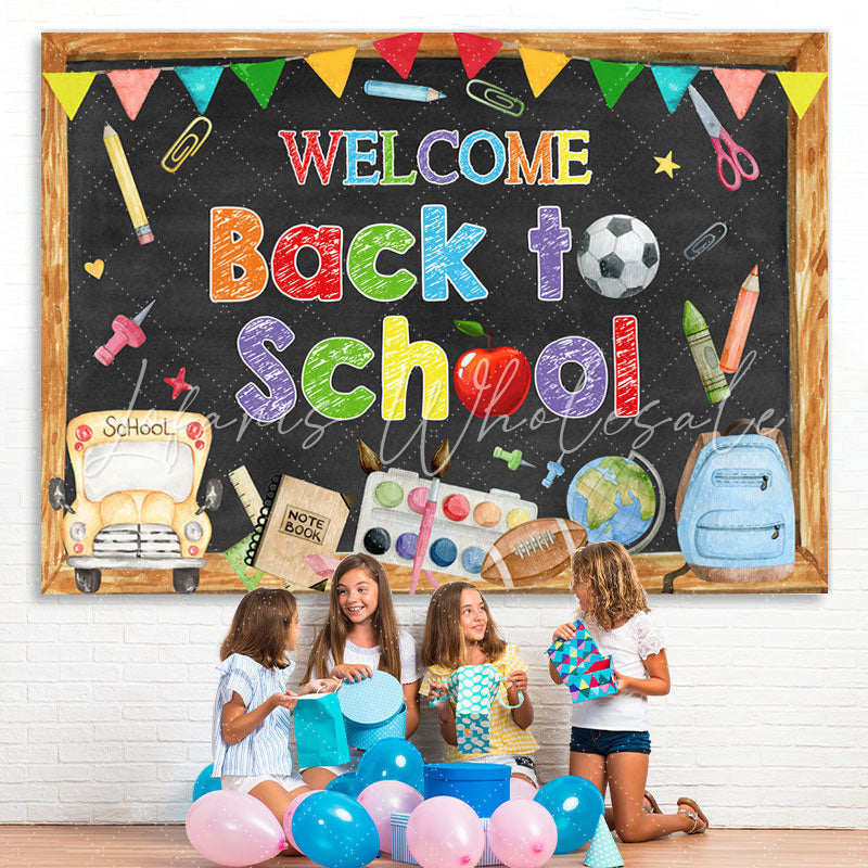 Lofaris Back to School Backdrop Blackboard Tellurion Pencil Bus