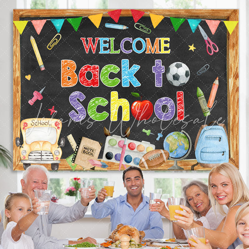 Lofaris Back to School Backdrop Blackboard Tellurion Pencil Bus