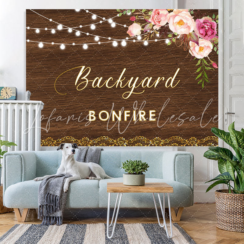Lofaris Backyard Bonfire Wooden Pink Floral Light Backdrop