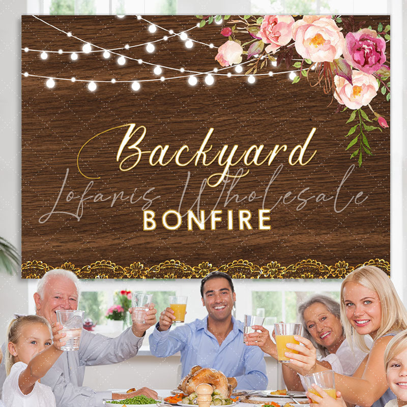 Lofaris Backyard Bonfire Wooden Pink Floral Light Backdrop