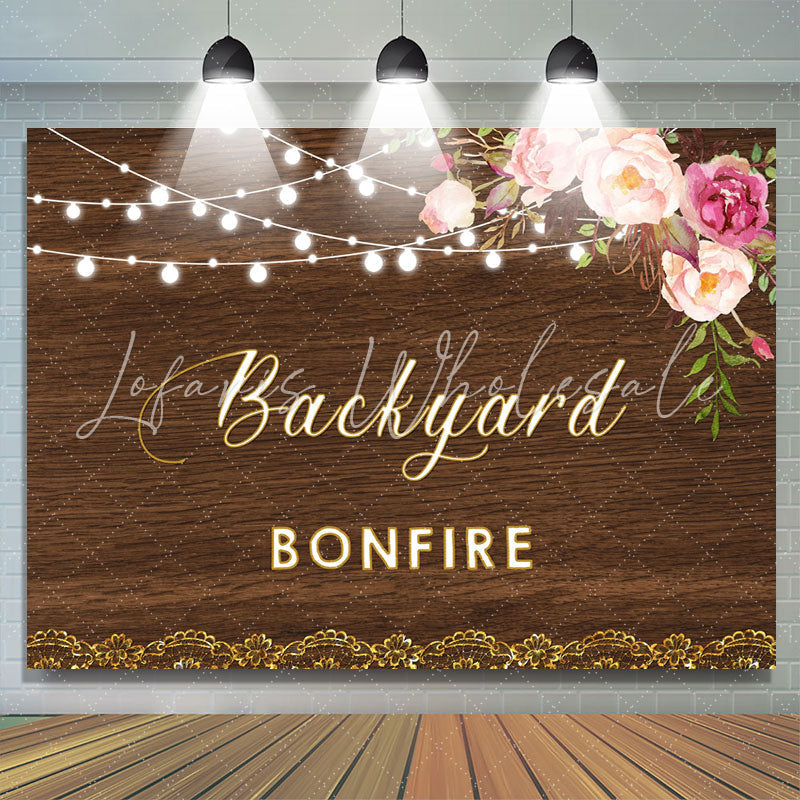 Lofaris Backyard Bonfire Wooden Pink Floral Light Backdrop