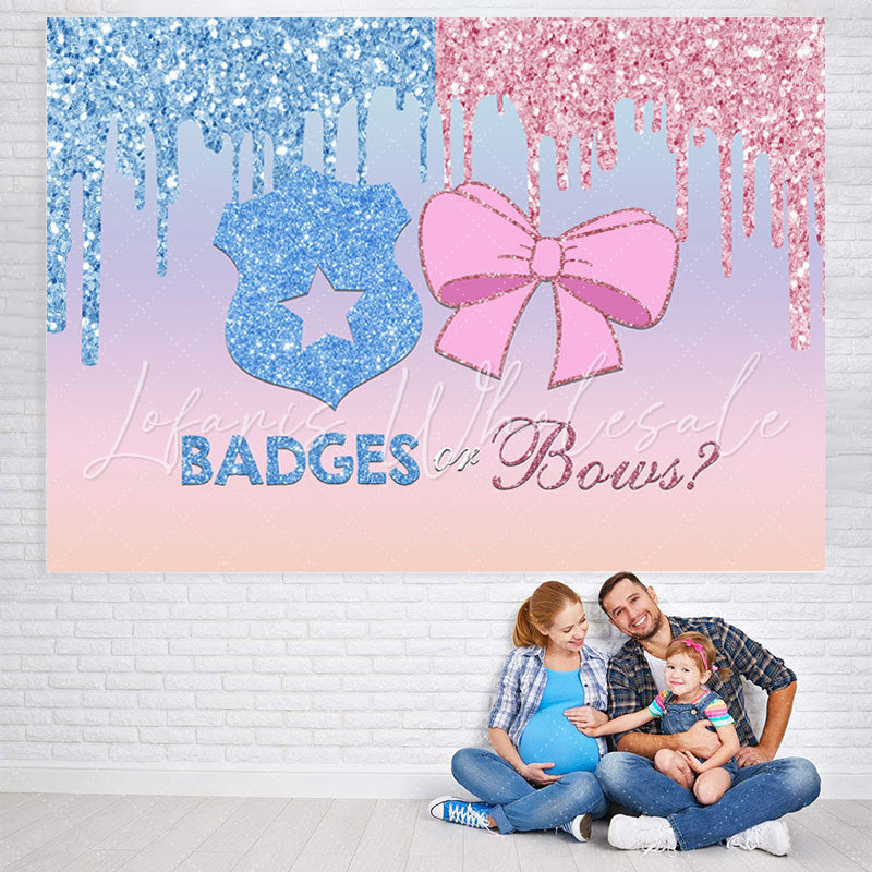 Lofaris Badges or Bows Glitter He She Baby Shower Backdrop