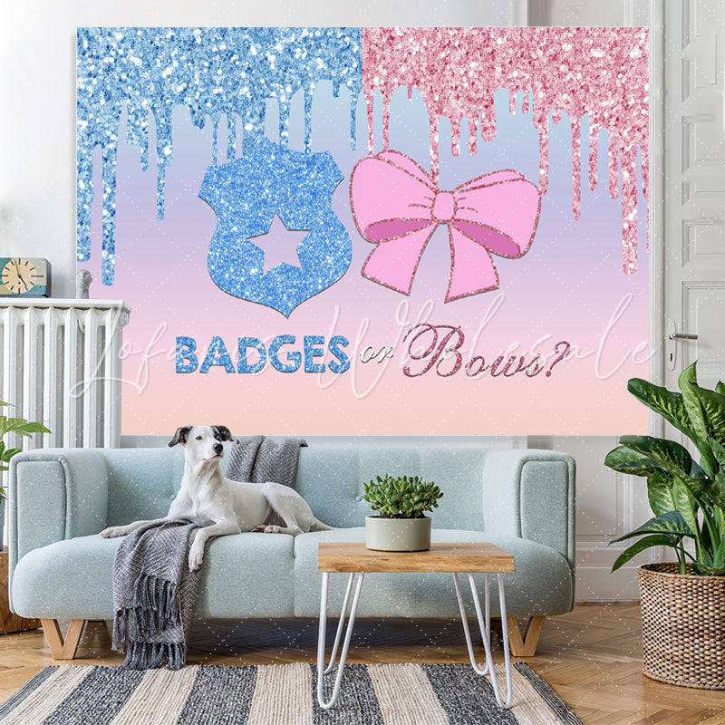 Lofaris Badges or Bows Glitter He She Baby Shower Backdrop