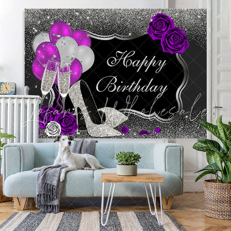 Lofaris Ballon And Floral Silver Glitter Birthday Backdrop