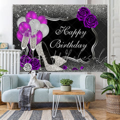 Lofaris Ballon And Floral Silver Glitter Birthday Backdrop