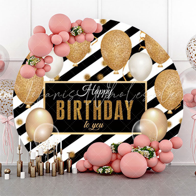 Lofaris Balloon Black Gold Stripes Birthday Round Backdrop