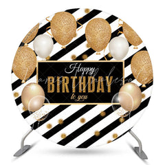 Lofaris Balloon Black Gold Stripes Birthday Round Backdrop