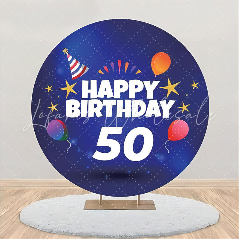 Lofaris Balloon Gold Stars Blue Round 50th Birthday Backdrop