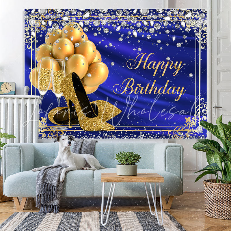 Lofaris Balloon Heels Diamond Royal Blue Happy Birthday Backdrop for Women