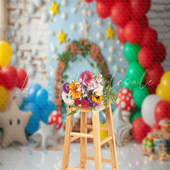 Balloon Star Mushroom Mario Game Cake Smash Backdrop
