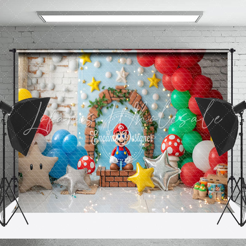 Balloon Star Mushroom Mario Game Cake Smash Backdrop