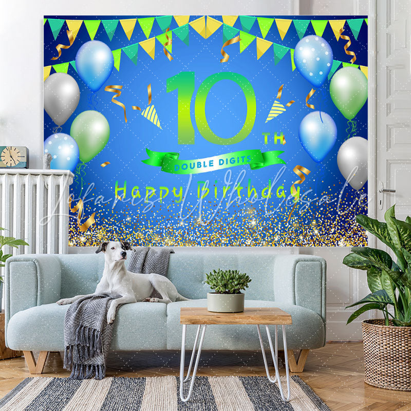 Lofaris Balloons And Flag Green Happy 10th Birthday Backdrop