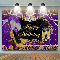 Lofaris Balloons Leopard Purple Gold High Heels Birthday Backdrop for Women