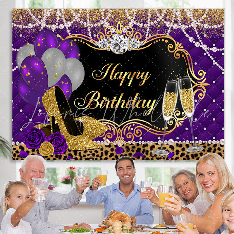 Lofaris Balloons Leopard Purple Gold High Heels Birthday Backdrop for Women