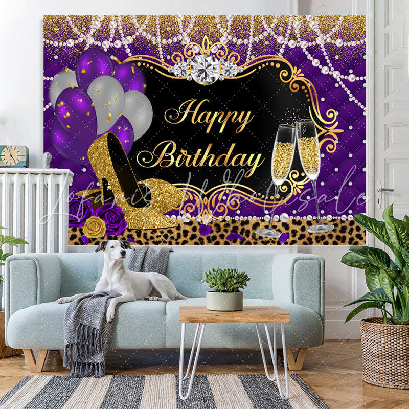 Lofaris Balloons Leopard Purple Gold High Heels Birthday Backdrop for Women