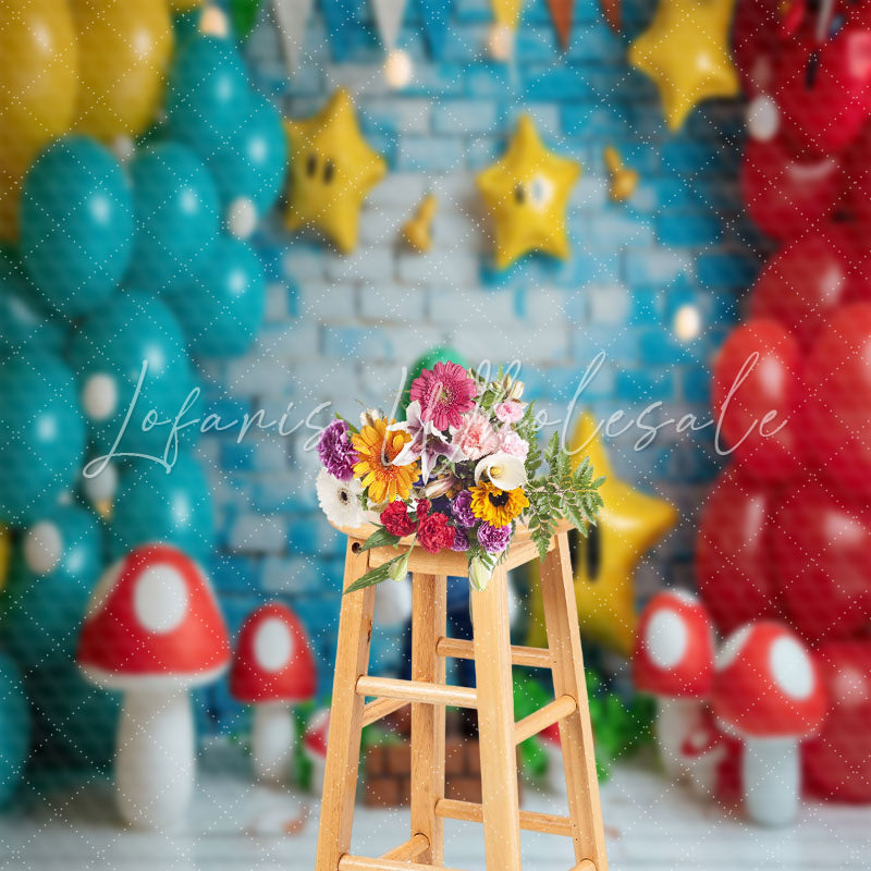 Balloons Mushroom Mario Games Cake Smash Backdrop